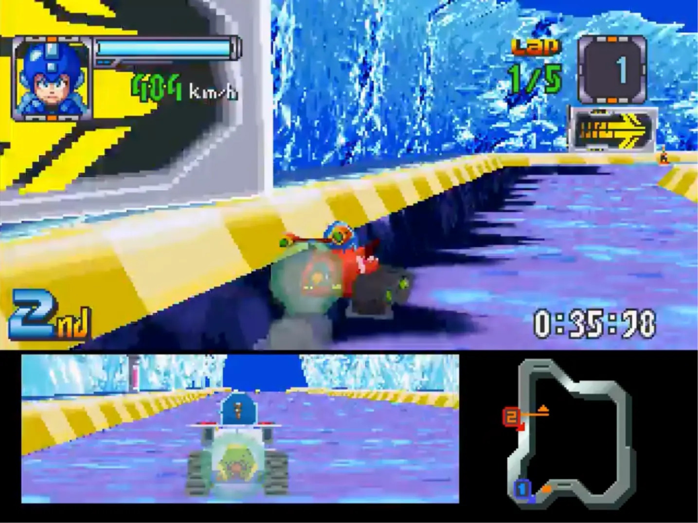Mega Man struggling to maintain a drift on a frozen, slippery curve while dodging incoming missiles from Napalm Man.