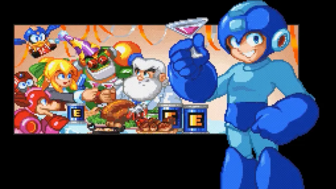 Mega Man standing triumphantly on the 1st place podium, raising a trophy while Wily fumes in the background.
