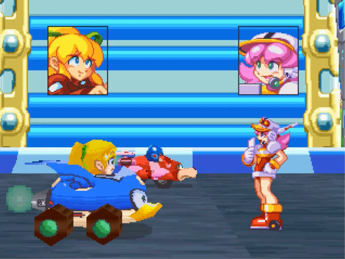 An animated text box conversation between Mega Man and Roll before a high-stakes race.