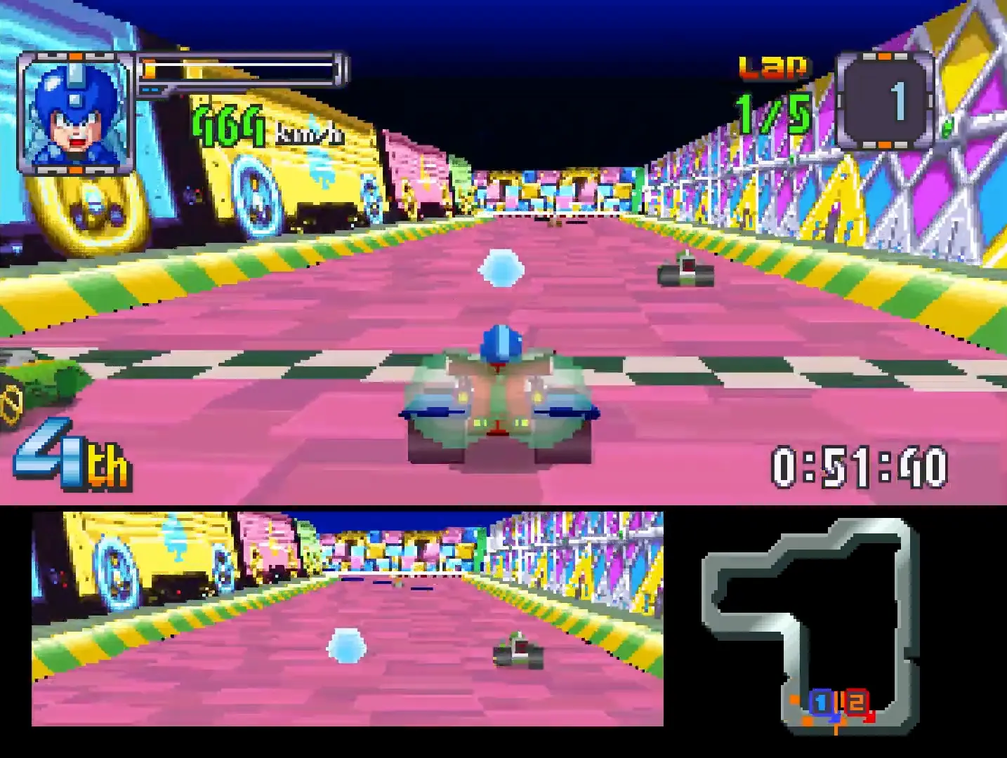 Mega Man firing a charged Mega Buster shot from his kart, hitting a spinning yellow enemy on the track.