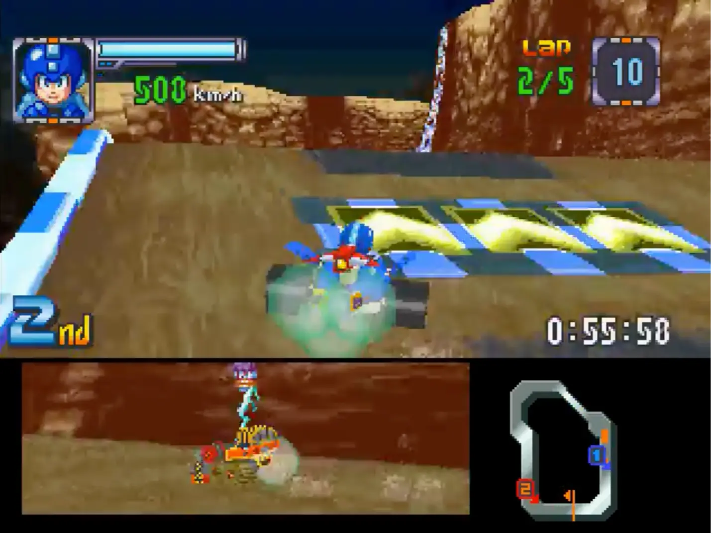 The screen flashing brightly as a special attack is deployed, clearing the track of hazards and opponents.