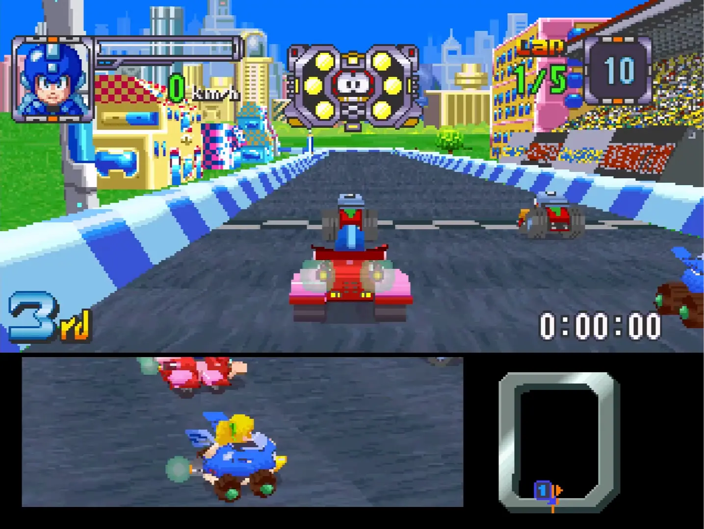 Mega Man in his red Rush Roadster lined up at the starting grid next to Roll and Proto Man, engines revving.