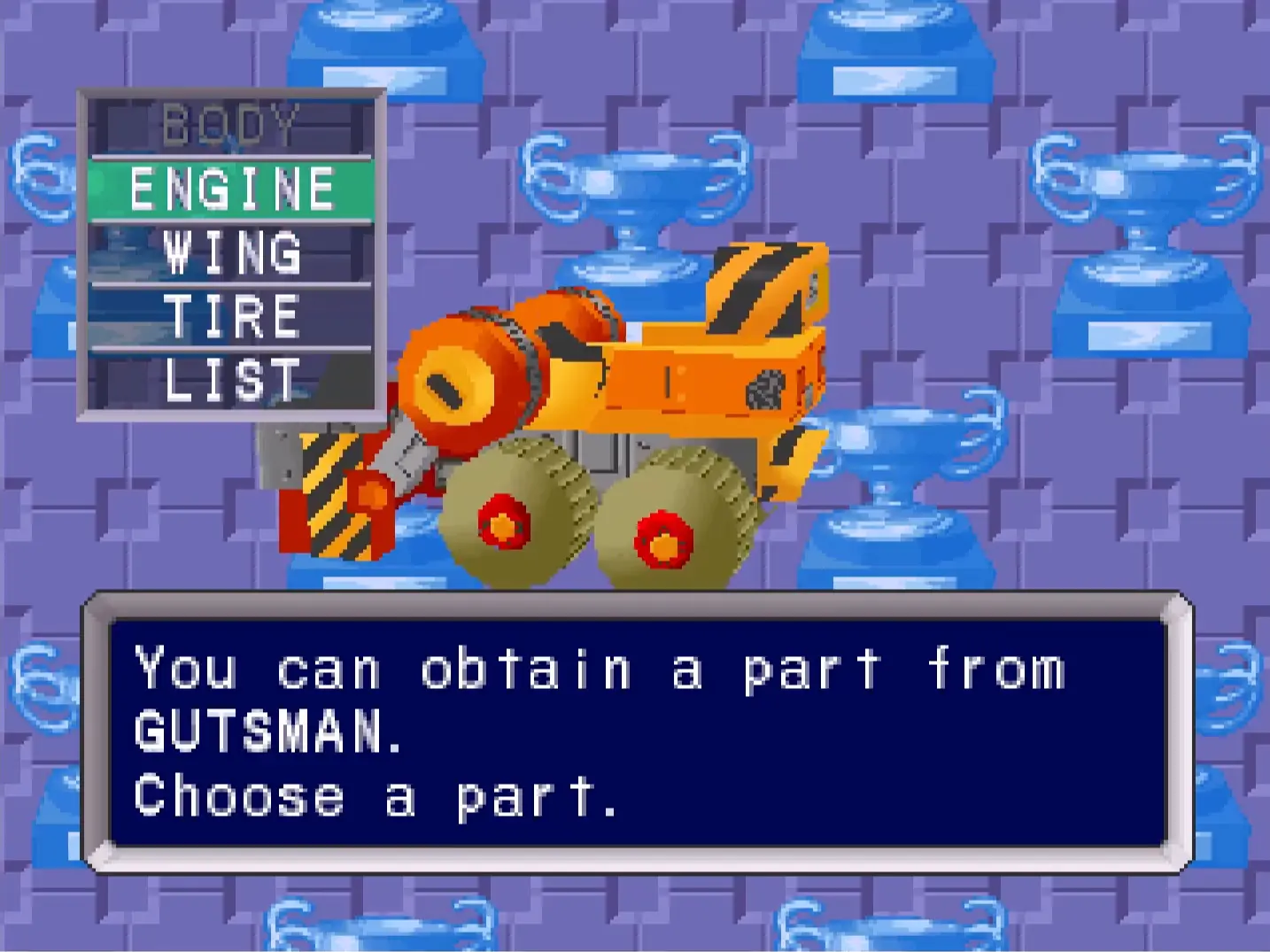 The post-race victory screen where the player selects a glowing engine part from a defeated GUTMAN's kart.
