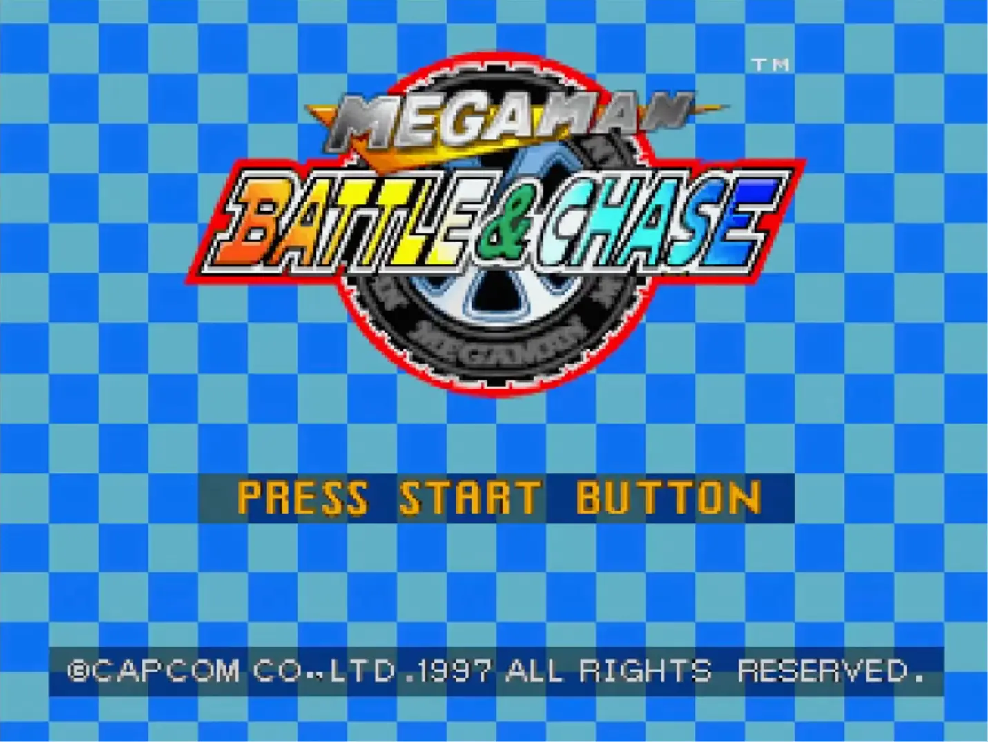 The classic, brightly colored title screen of Mega Man Battle & Chase.