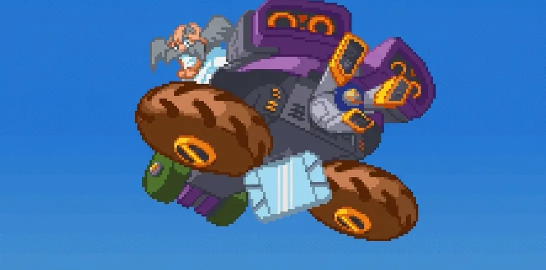 A cutscene showing a pixelated Dr. Wily laughing maniacally from the cockpit of his skull-themed Skullker kart.