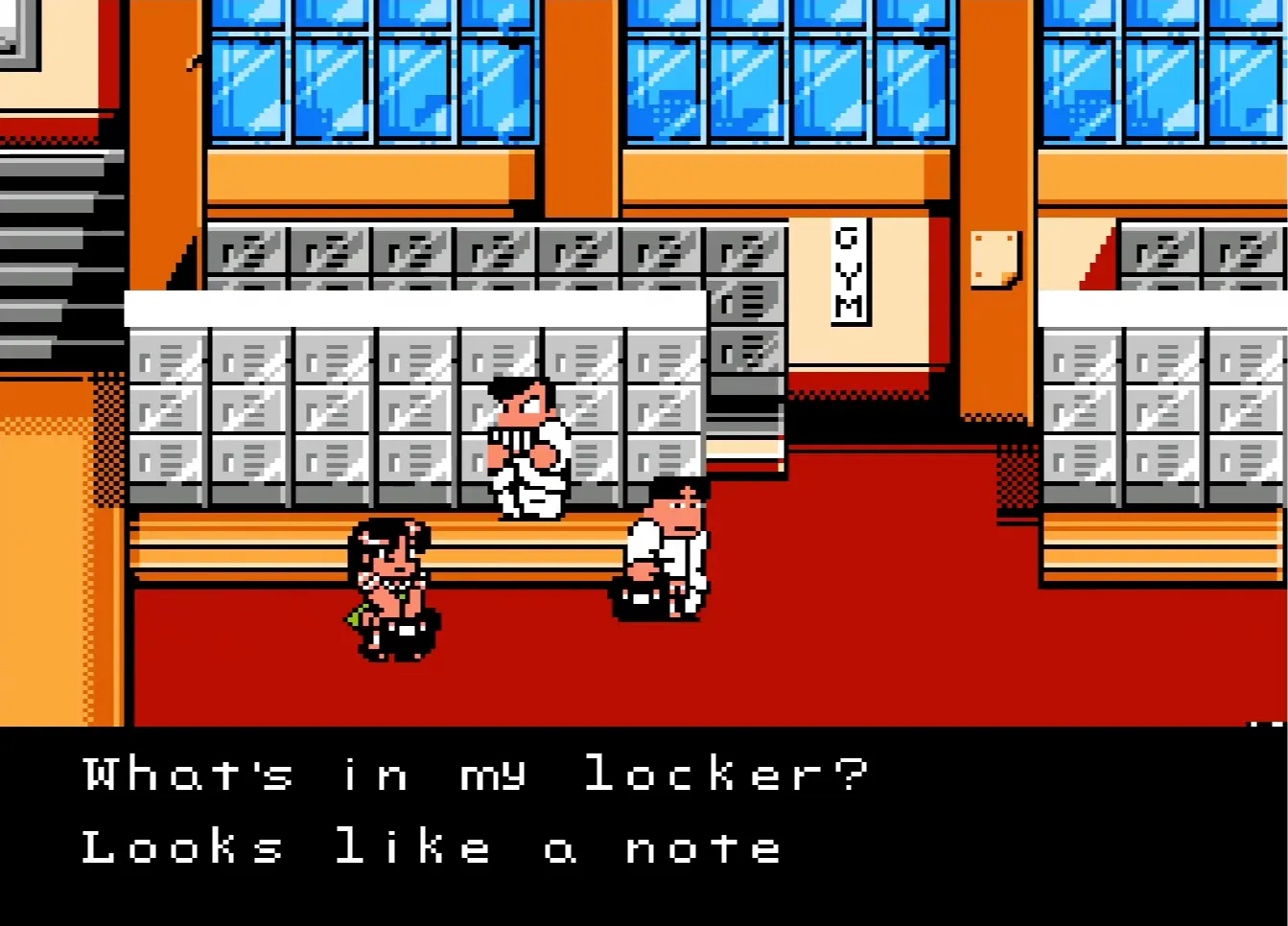 A dramatic cutscene showing Kunio reading the arrogant challenge letter from the Double Tiger brothers.