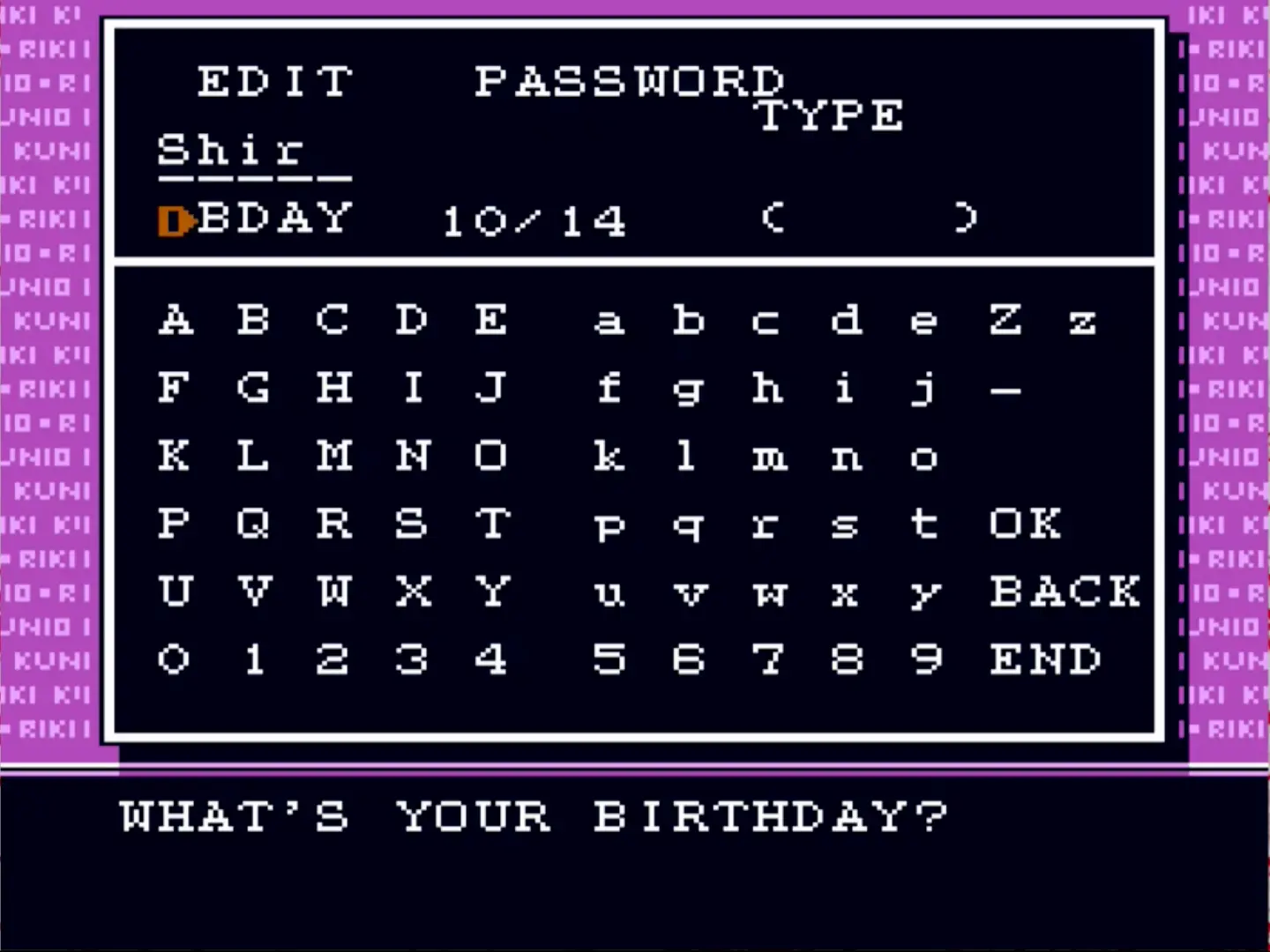 The character creation screen, where players input their blood type and birthdate to determine their hidden stats and elemental powers.