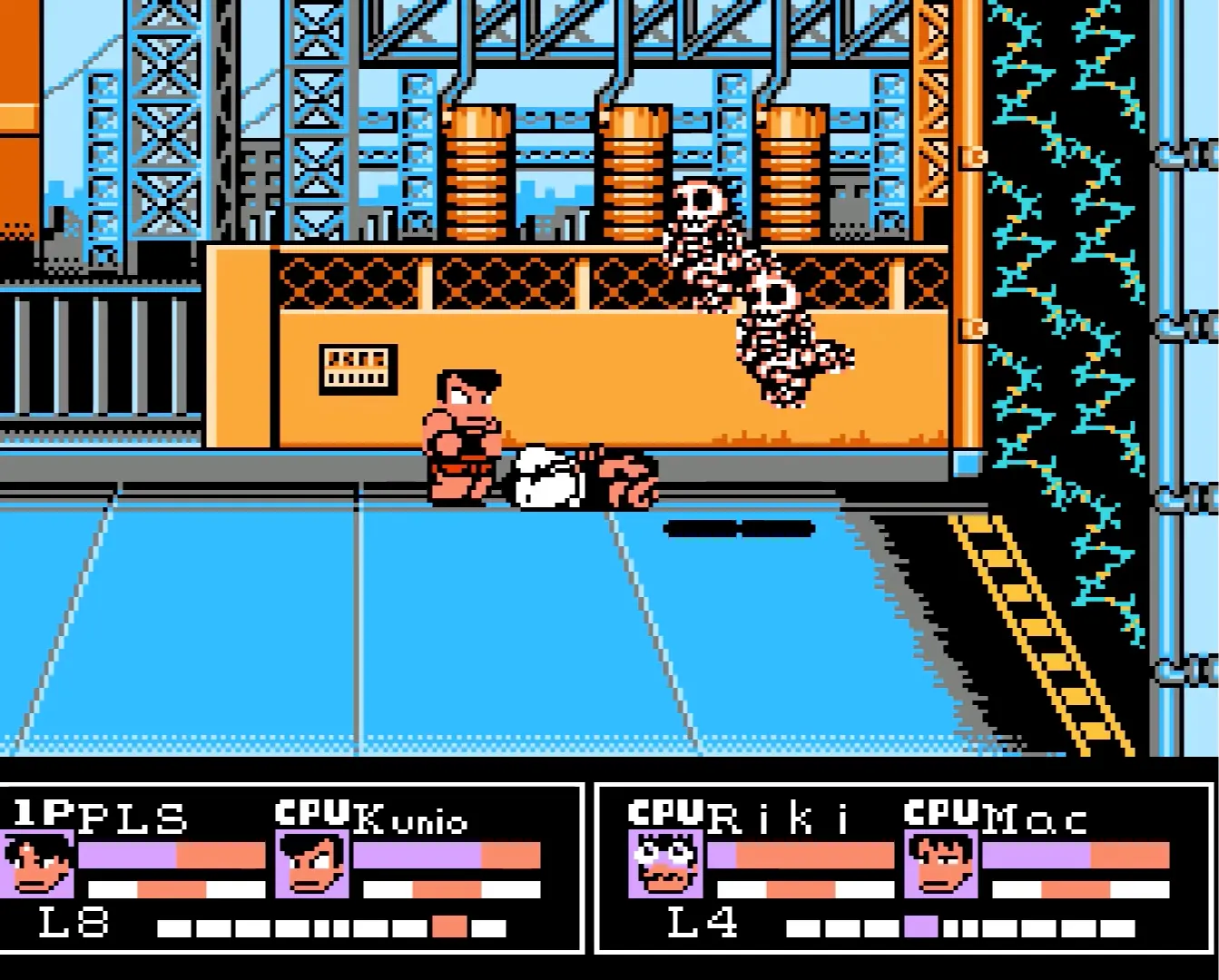 A mid-air clash between two fighters, one engulfed in blazing fire and the other crackling with blue electricity.