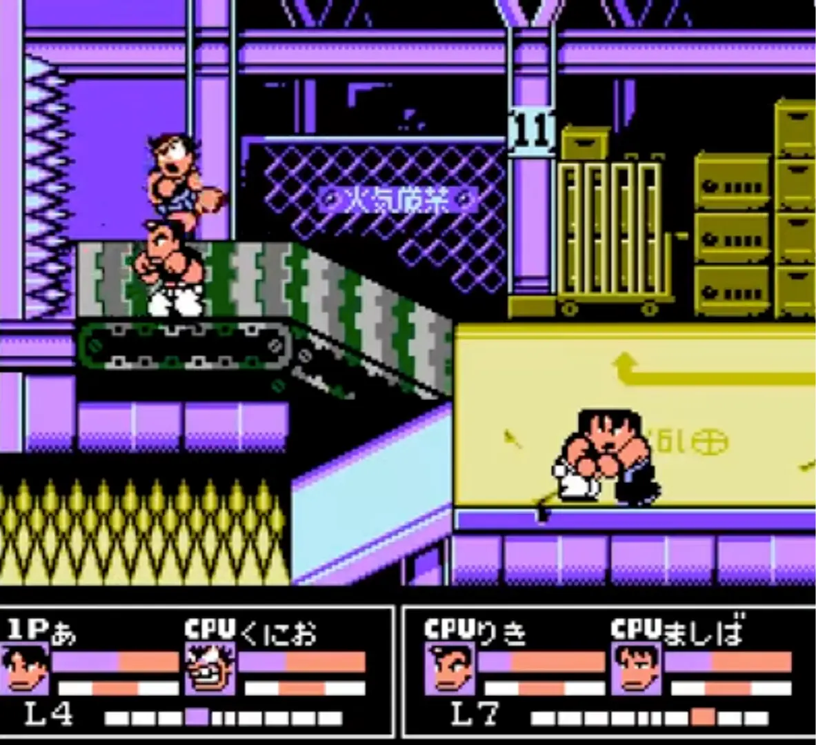 A fighter being launched into a spiked wall, their face contorted in the signature, hilarious Technōs 'damage' expression.