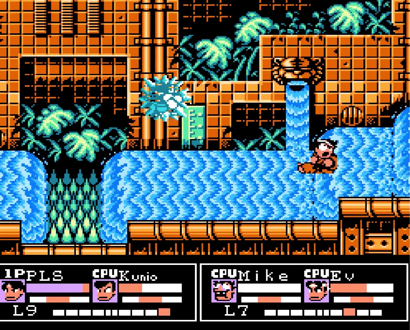 Two players holding hands and spinning at blinding speed to create a massive, screen-clearing tornado attack.