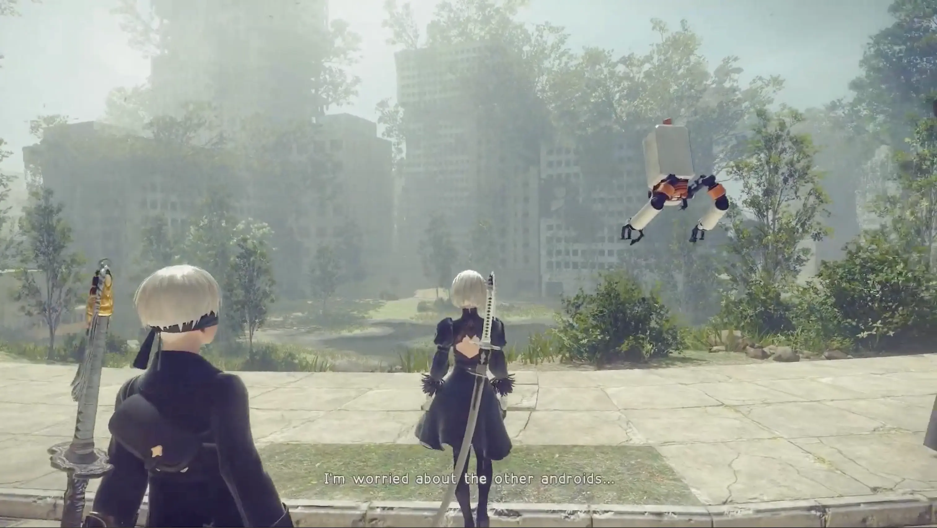 YoRHa android 2B standing on a rusted steel beam, overlooking the beautiful, overgrown remnants of a ruined human city.