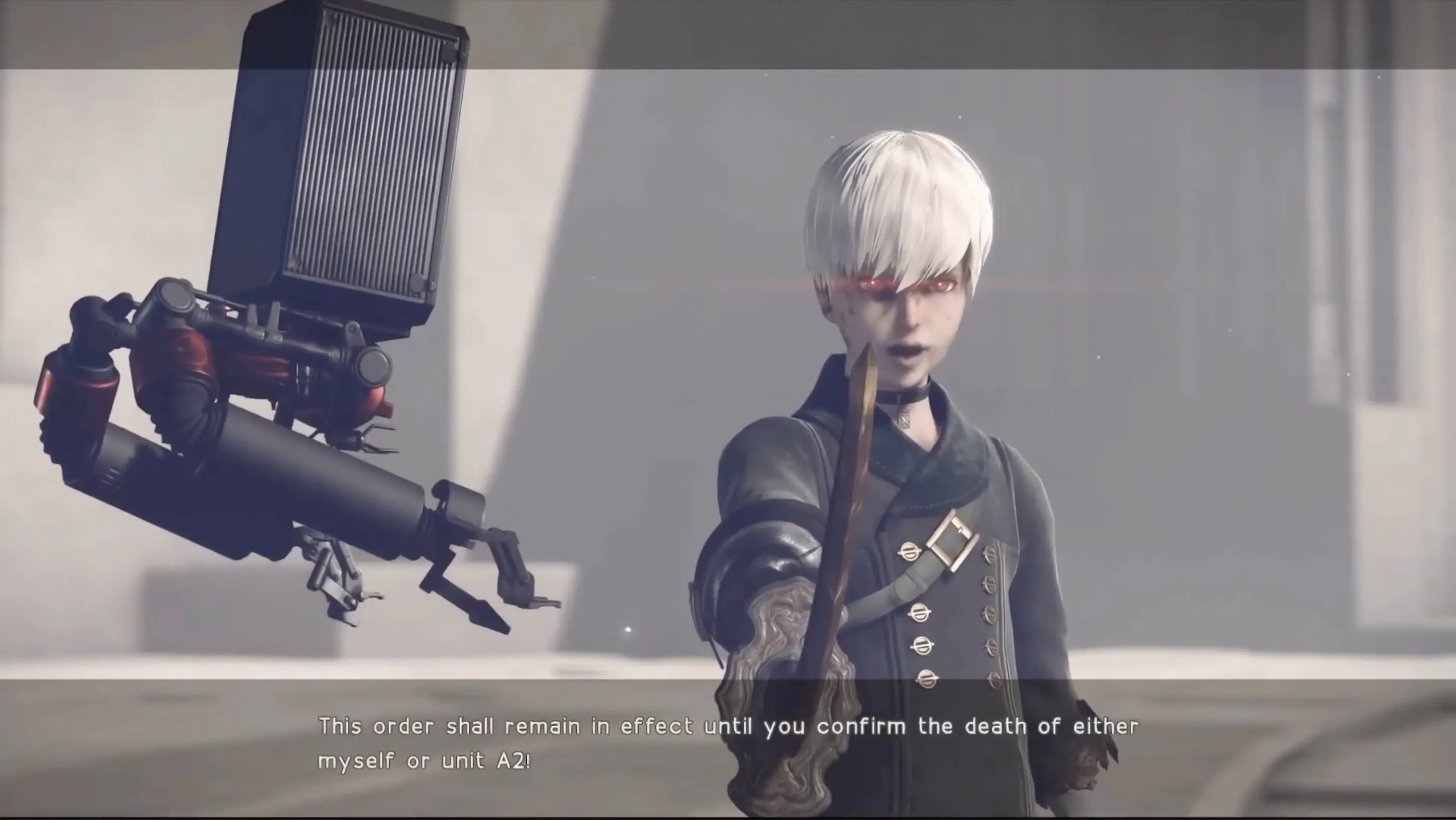 A heartbreaking shot of 9S clutching his head in agony, his pristine white hair contrasted against a backdrop of flames and destruction.