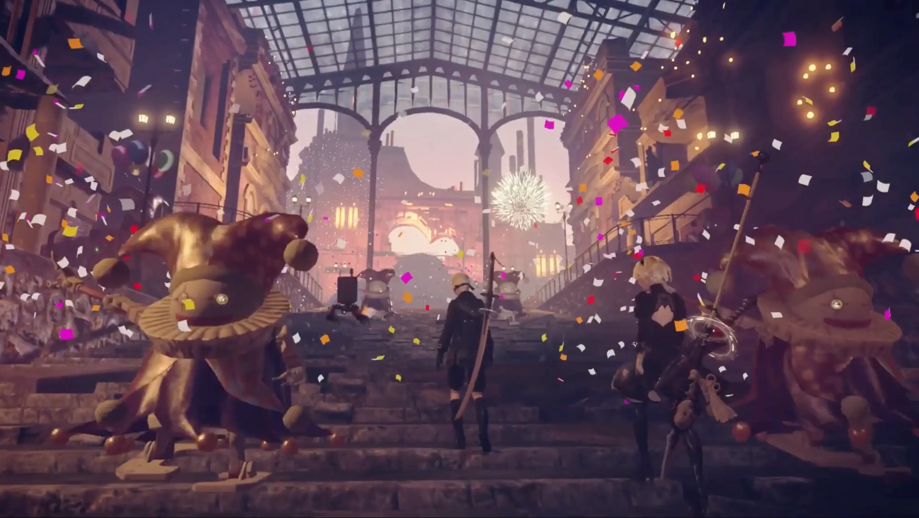 Machine lifeforms dressed as clowns and parade dancers in the hauntingly beautiful Amusement Park ruins, celebrating a hollow victory.