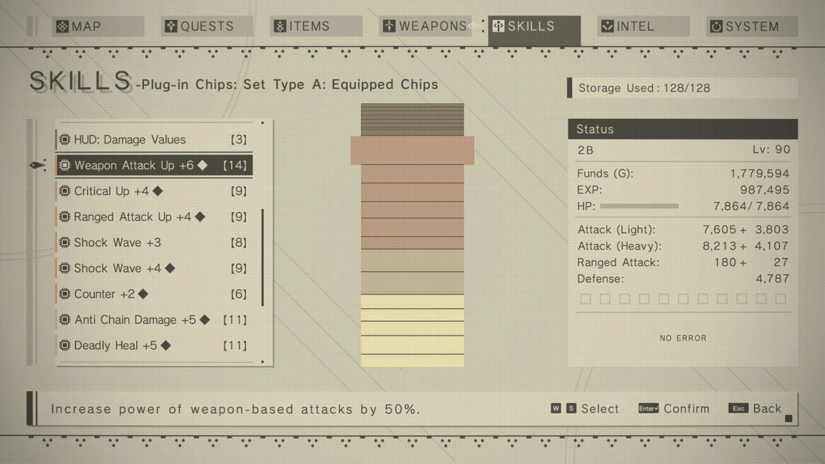The minimalist, brutalist UI of the plug-in chip system, showing the player's desperate attempt to optimize 2B's operating system.