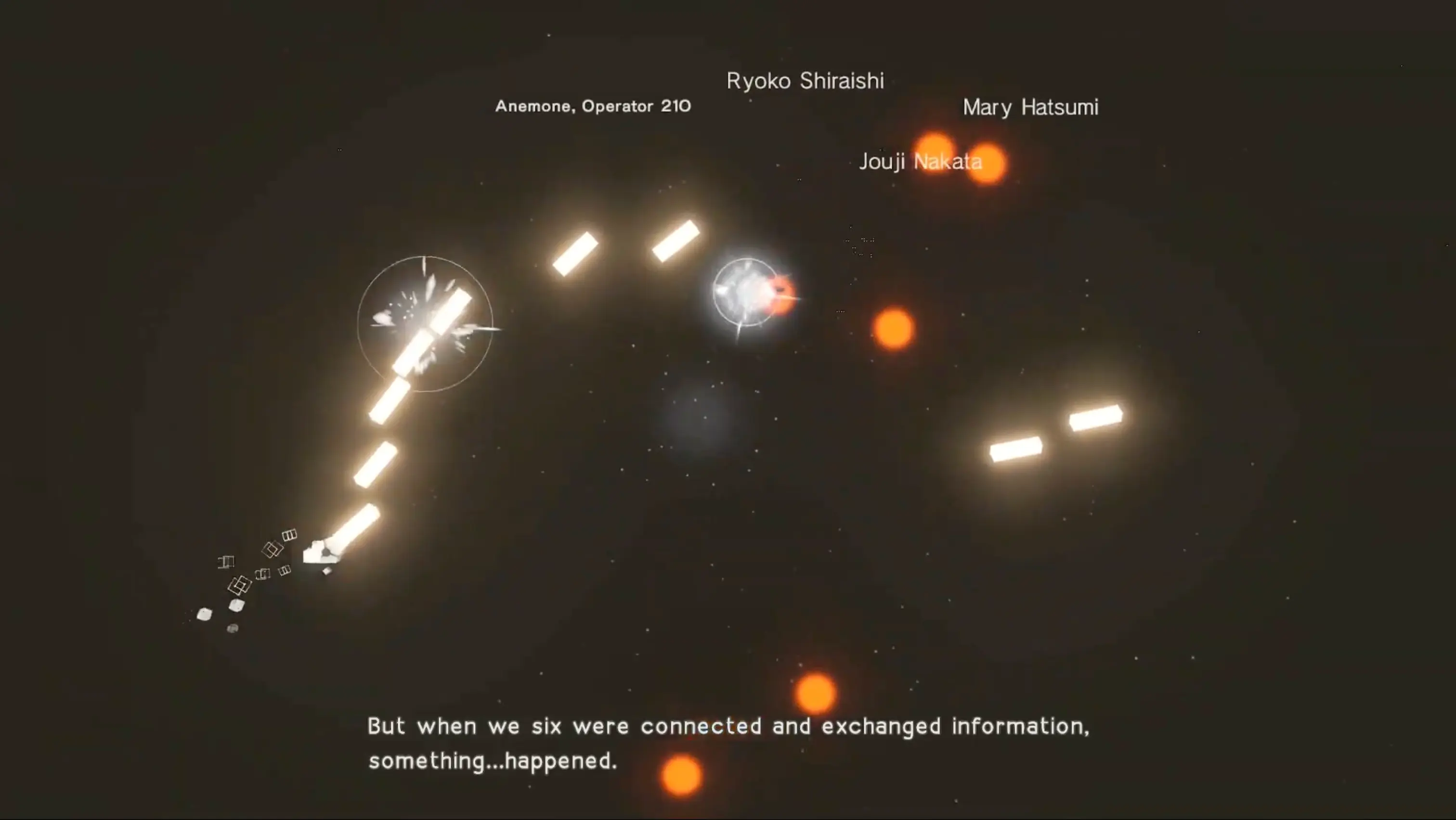 The iconic, minimalist screen of the Ending E bullet hell mini-game, where the player's cursor battles the game's scrolling end credits.
