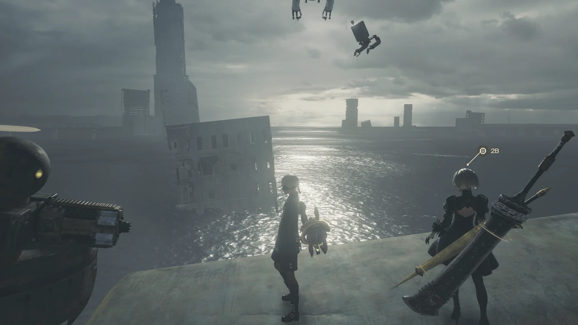 2B staring out across the Flooded City, where half-submerged skyscrapers jut out of a massive, glittering blue ocean.