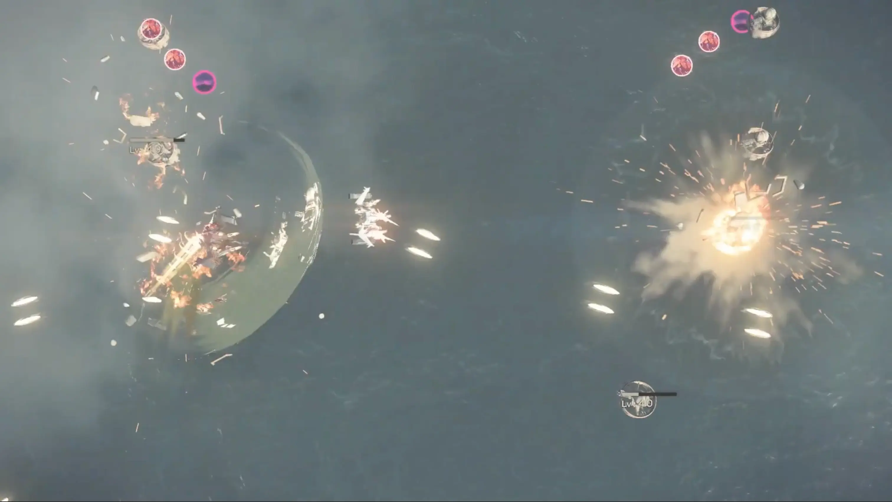 A top-down view showcasing the game's seamless transition into a frantic, intense bullet-hell shooter sequence.