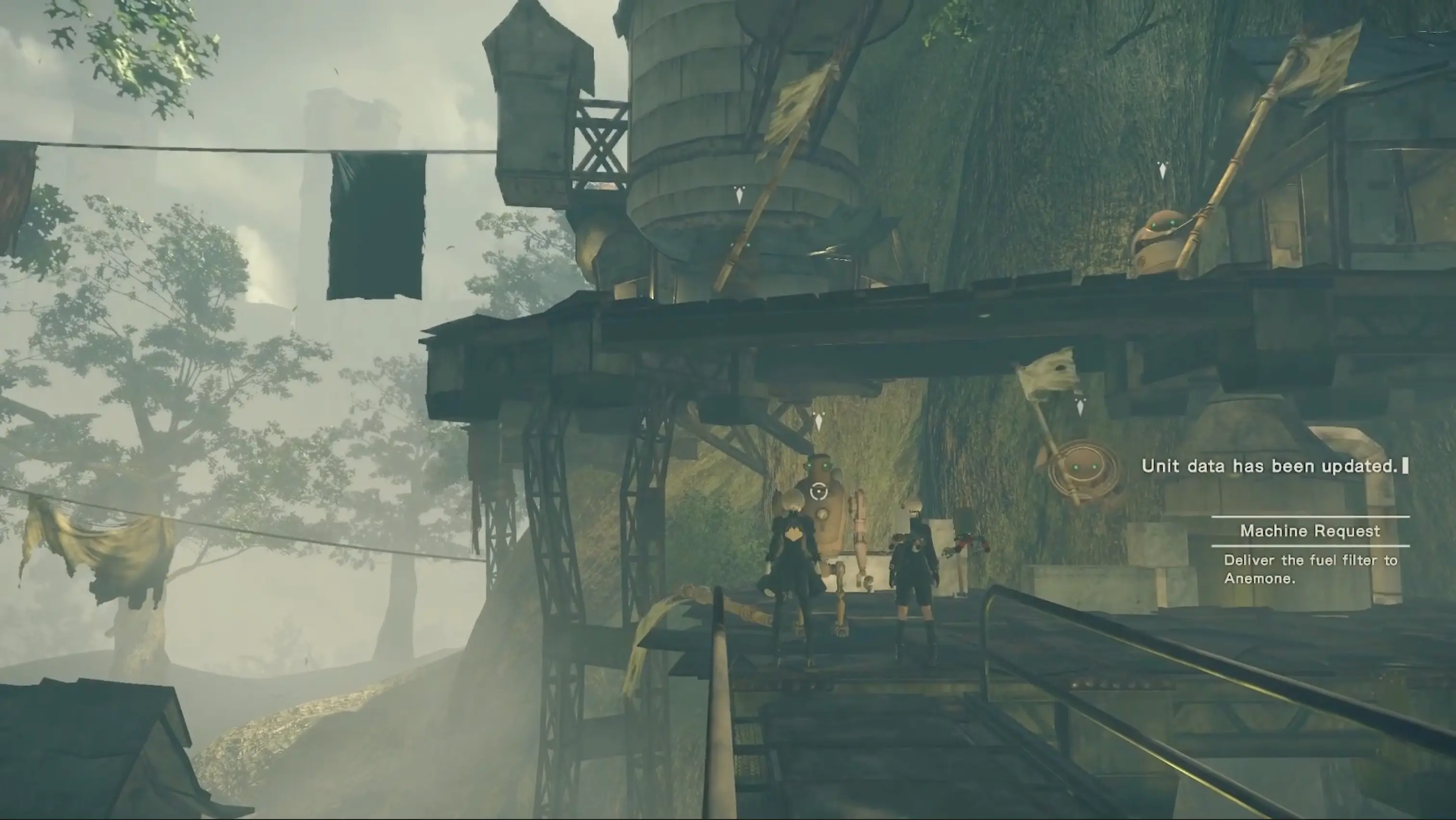 The rustic, peaceful treehouse settlement of Pascal's Village, where peaceful machine lifeforms live in harmony with nature.