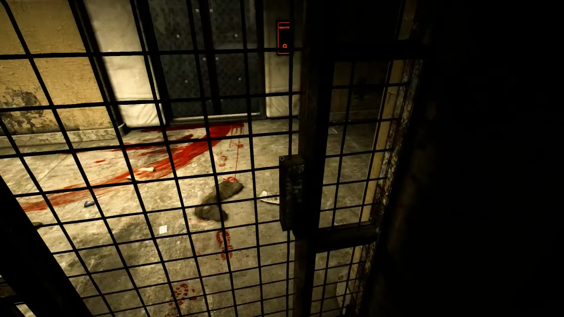 A set of fresh, bloody footprints trailing off into a pitch-black doorway, illuminated only by a flickering ceiling light.