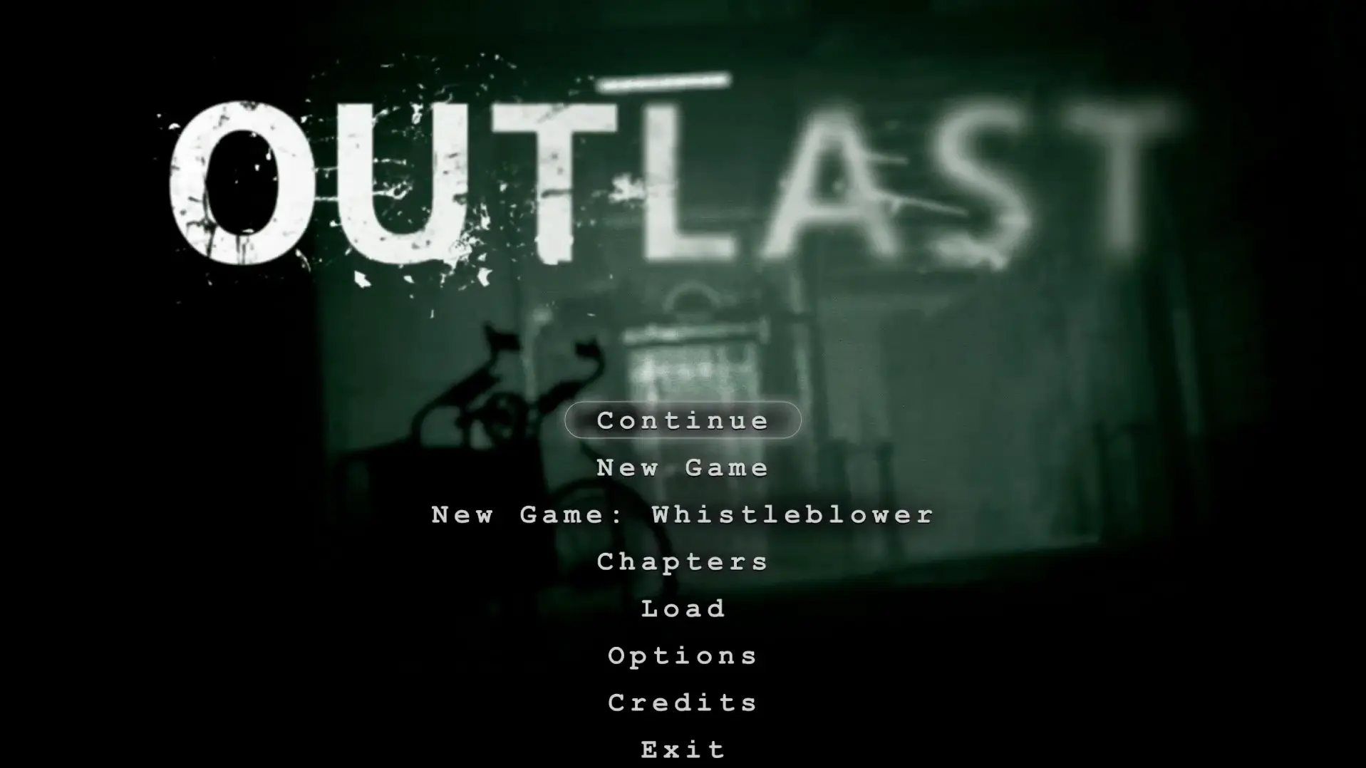 The iconic main menu of Outlast, showing a static-filled screen and the ominous logo.