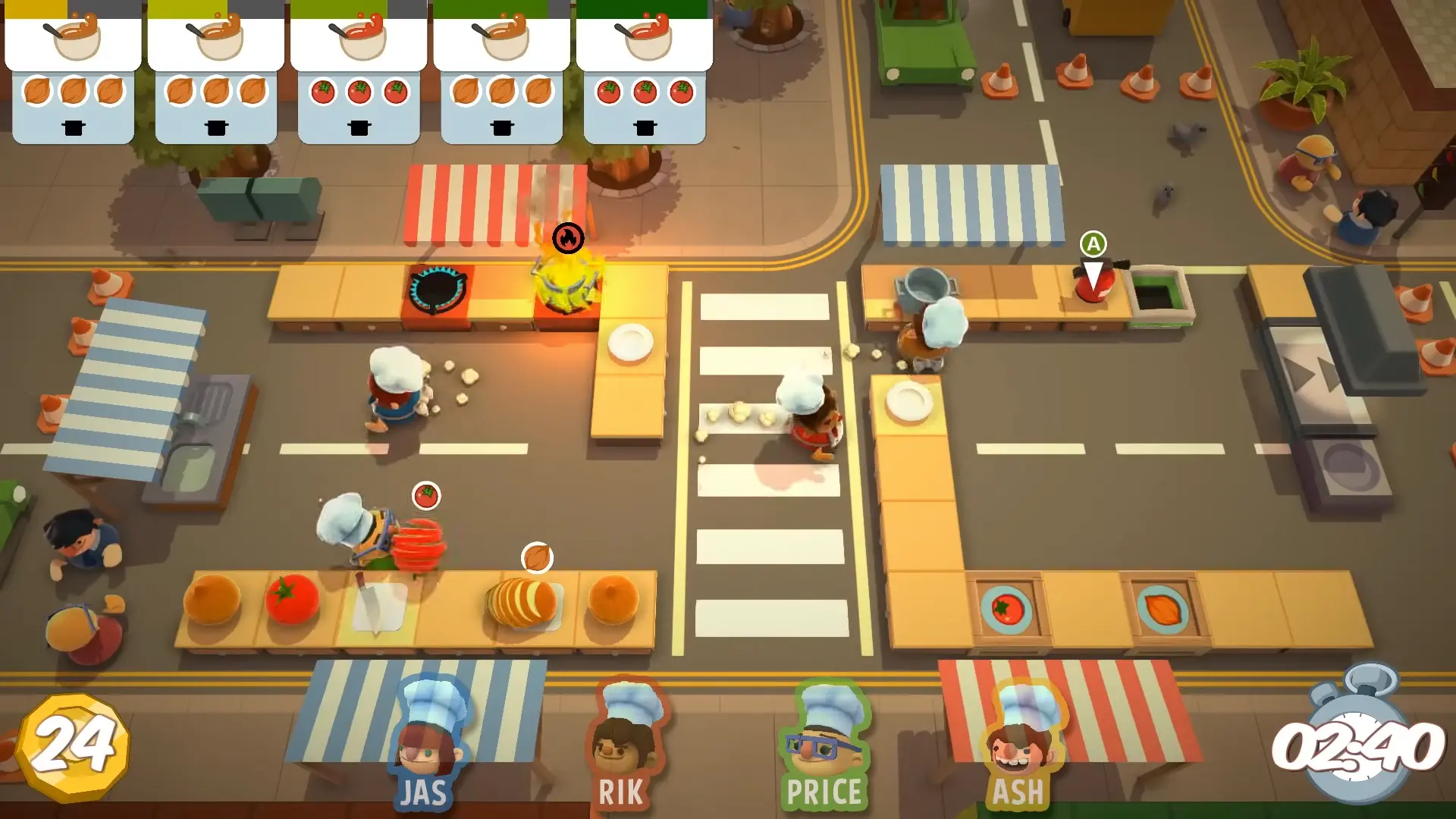 Two chefs frantically running in opposite directions with fire extinguishers as a pot of soup bursts into massive flames, the warning UI glowing red.