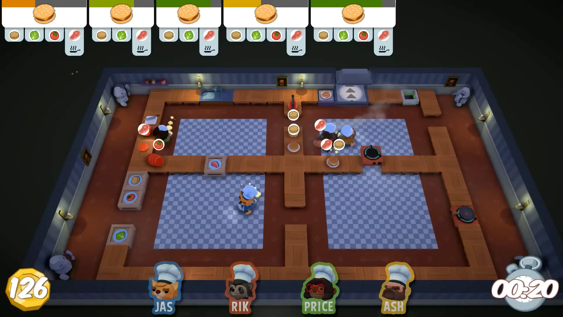 Two players colliding mid-dash on a narrow walkway, sending a beautifully plated burger plummeting into the void.