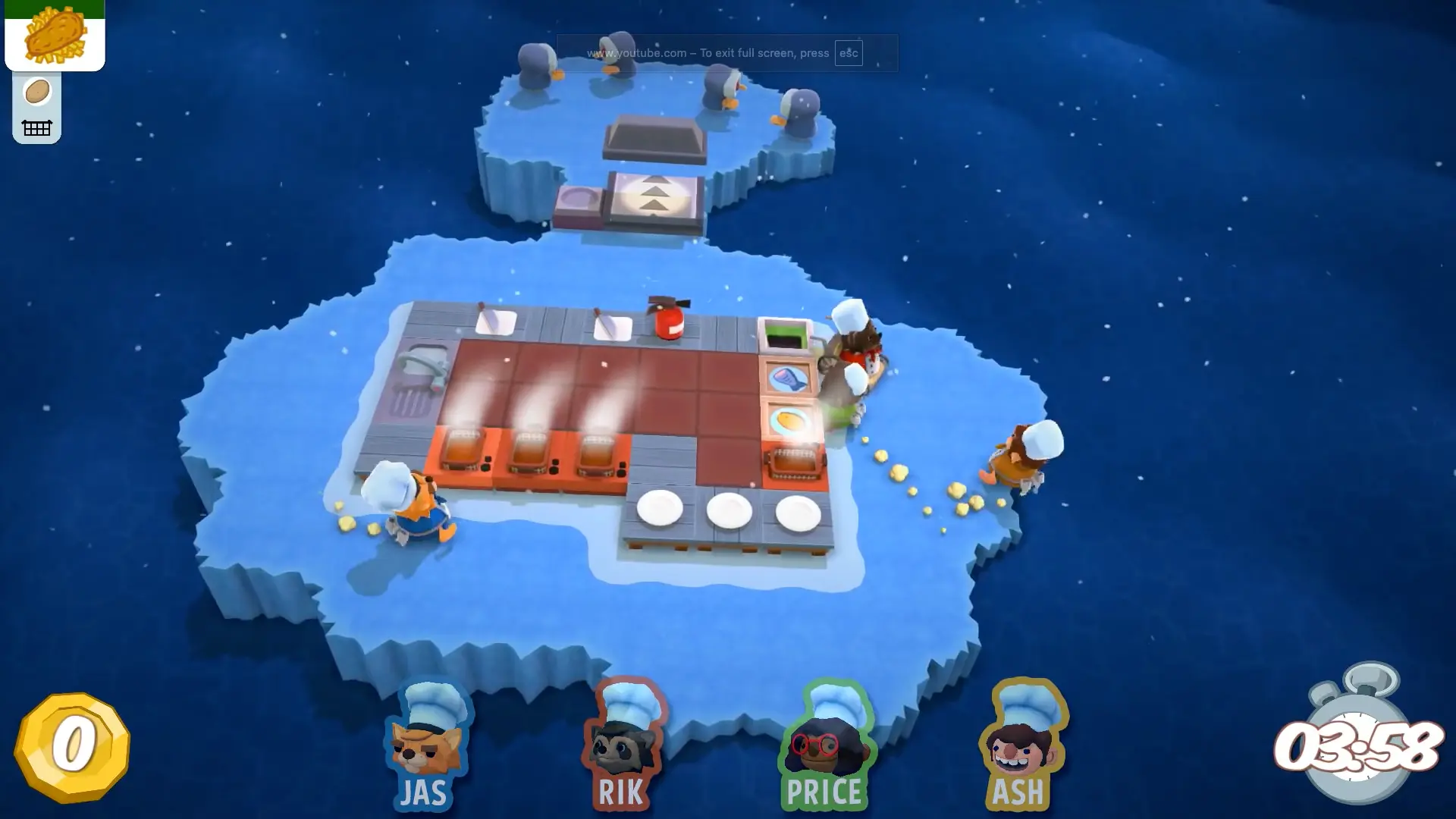 Chefs slipping uncontrollably across a massive ice floe, a perfectly cooked pizza sliding off a counter into the freezing depths.