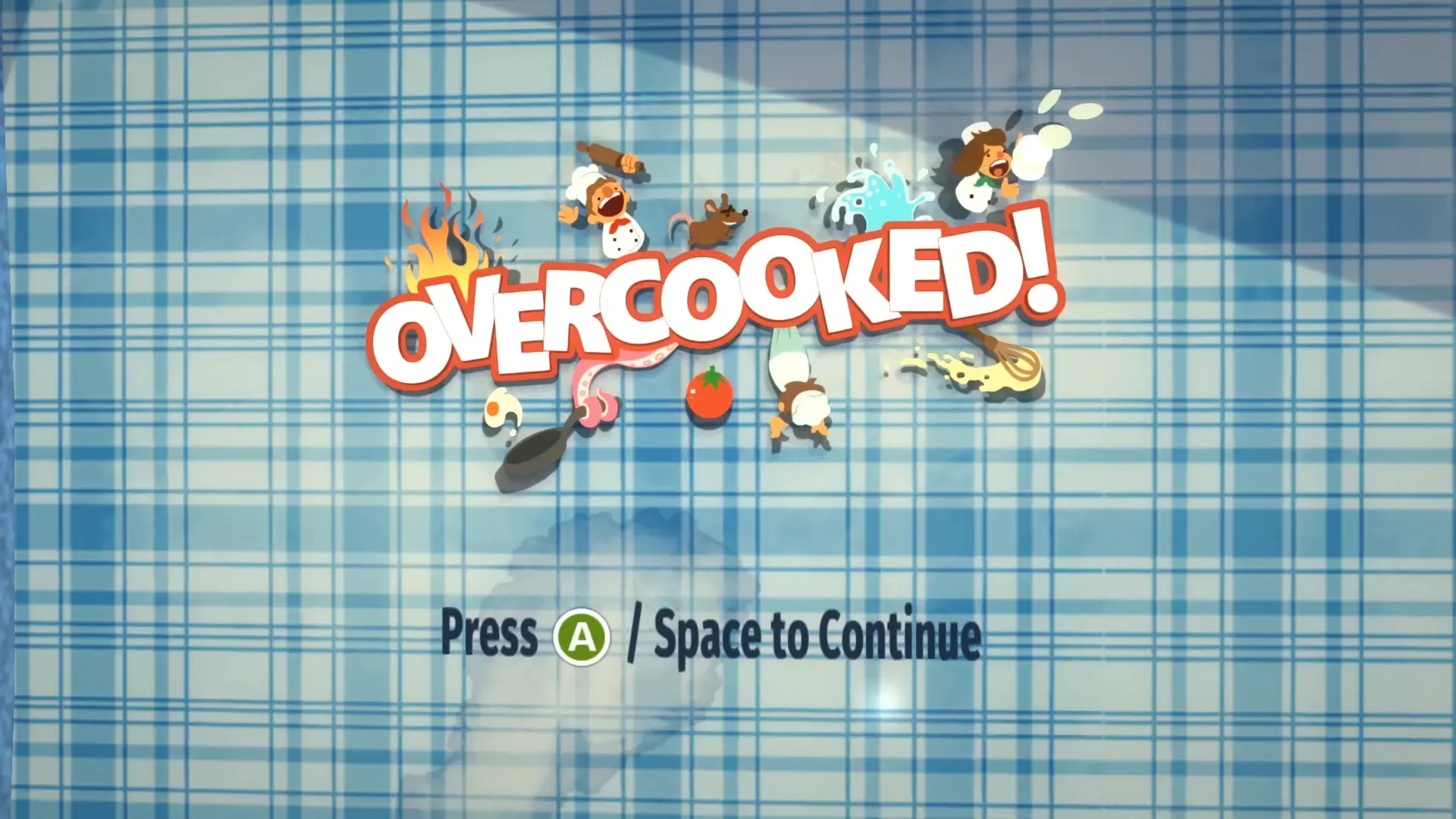 The main menu of Overcooked! featuring the iconic chef lineup.