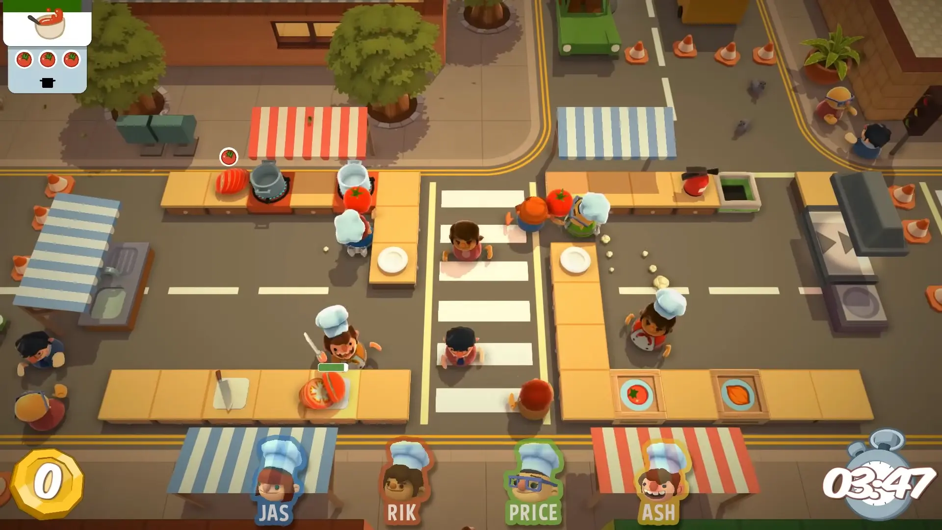 A kitchen split between two moving food trucks driving down a highway, with a chef desperately trying to pass a chopped lettuce across the moving gap.