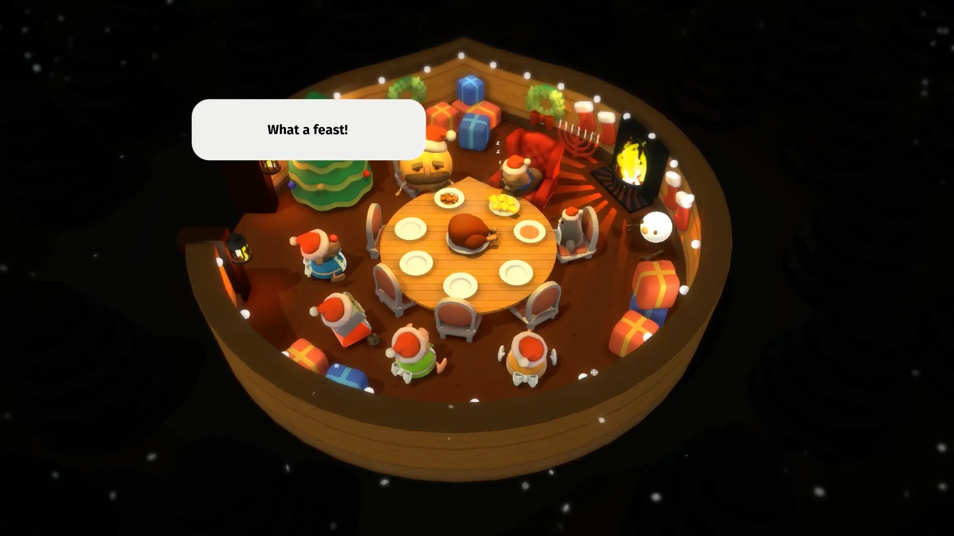 The triumphant final cutscene showing the chefs, exhausted but victorious, having satiated the beast.
