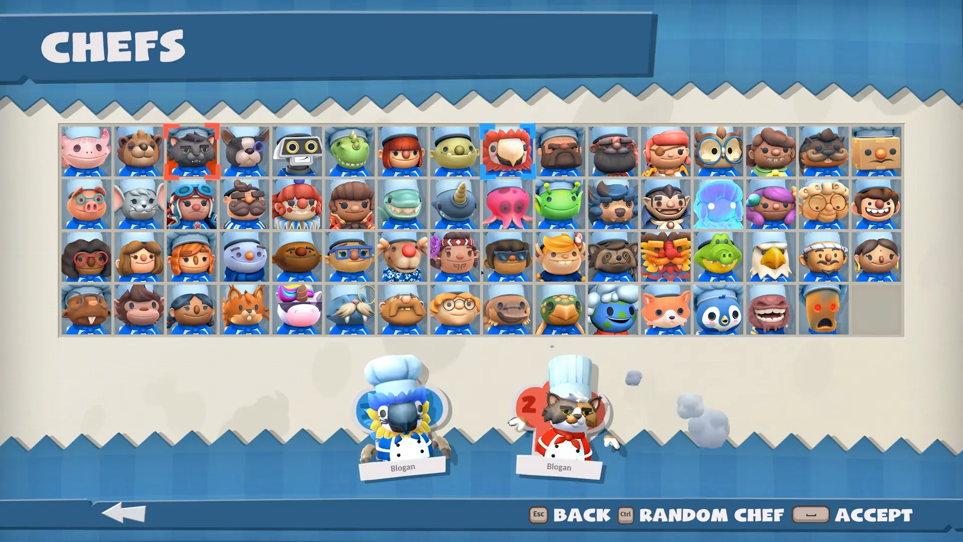 Player selected screen where it featured more than 30+ overcooked chefs