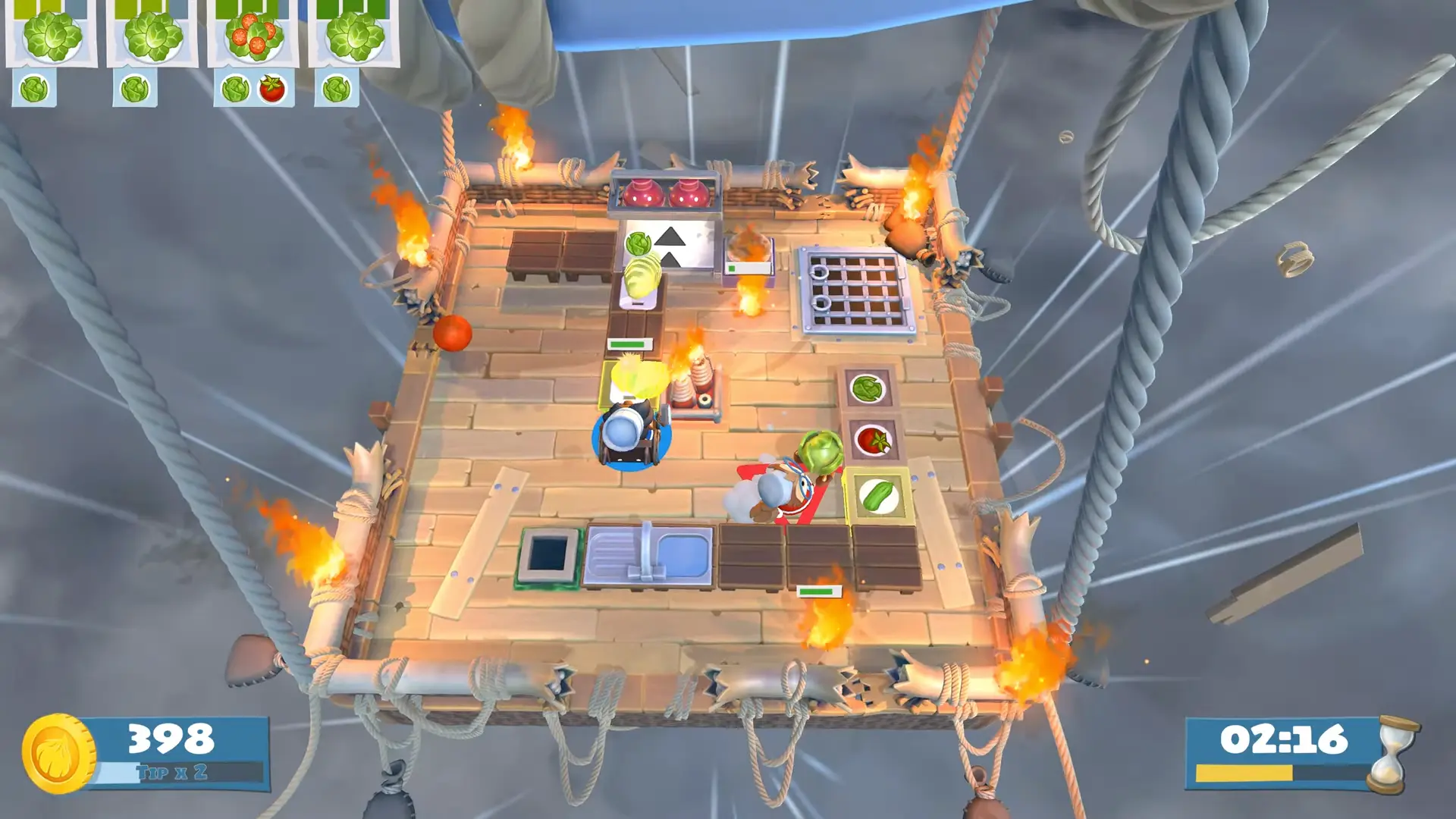 The chefs' food truck sprouting floatation devices and converting into a raft to traverse the massive, segmented world map.