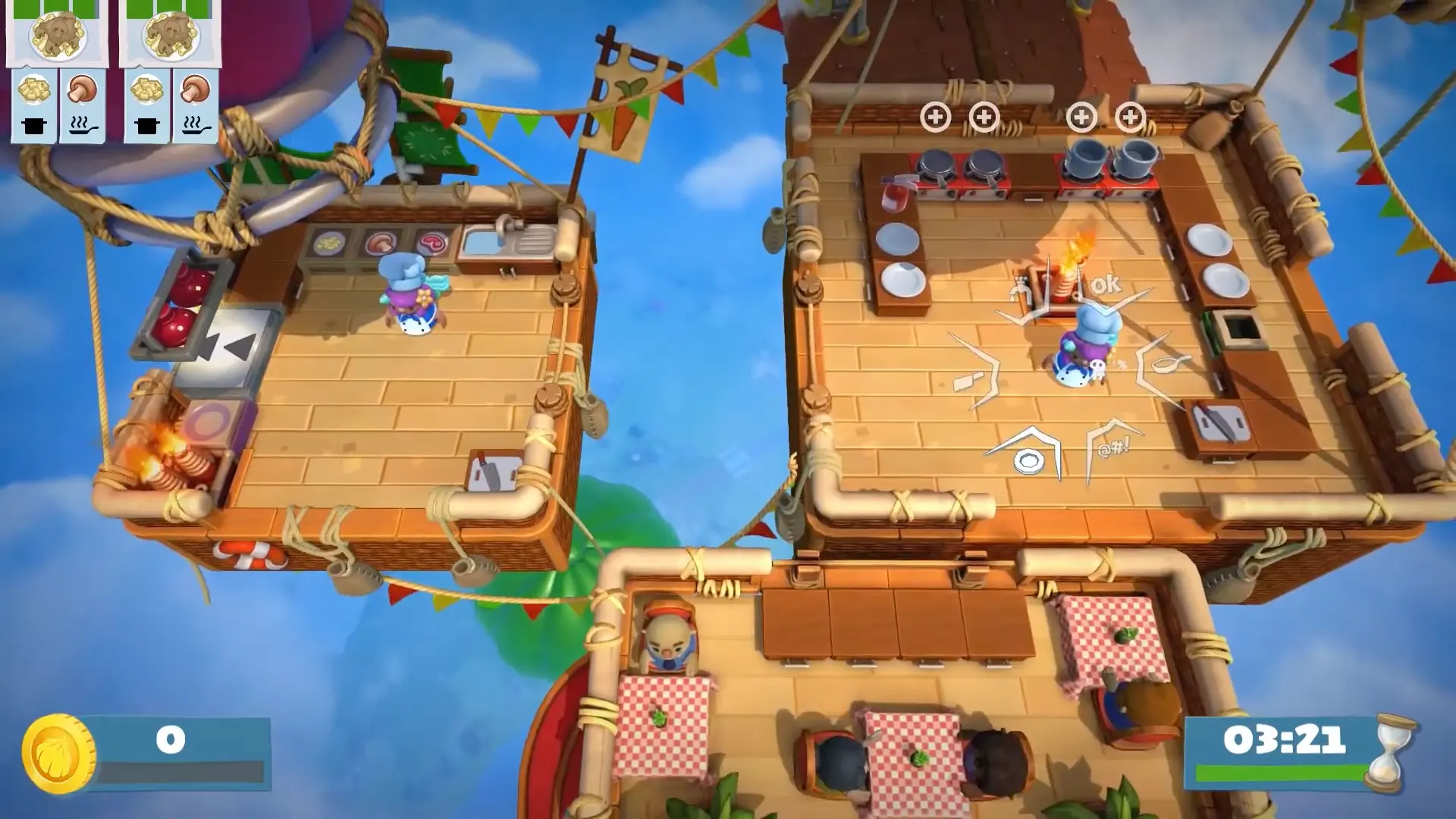 A player desperately using the emote wheel to signal 'Need Ingredients!' while standing next to completely empty chopping boards.