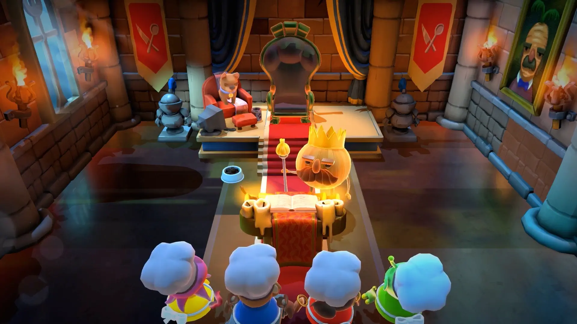 Four distinct chefs—a mouse, an eagle, an old woman, and a snowman—celebrating wildly on the victory podium.