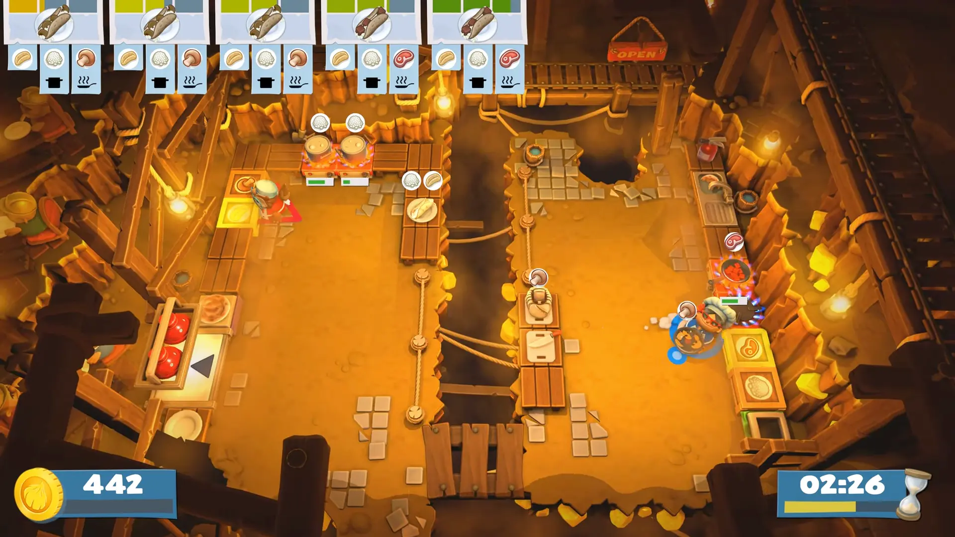 A mid-air shot of a raw fish being thrown flawlessly across a perilous lava pit by a chef on the left to a waiting teammate on the right.