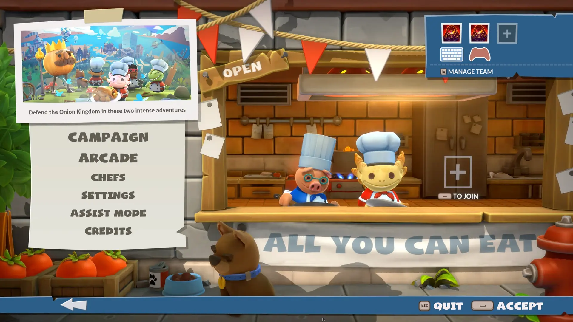 The title screen of Overcooked! 2 featuring a vibrant splash of food debris surrounding the logo.