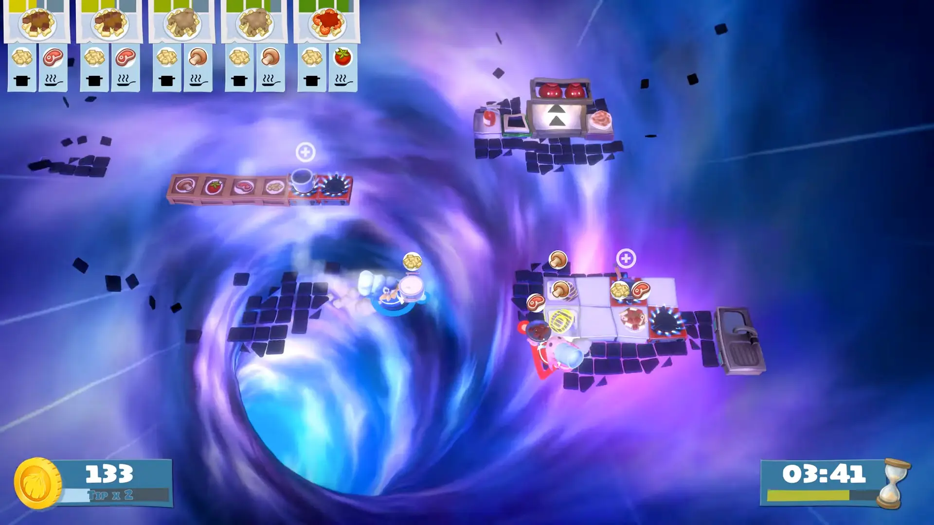 A chef entering a glowing blue portal with a plate of pasta, only to emerge on a disconnected raft floating down a rapid river.