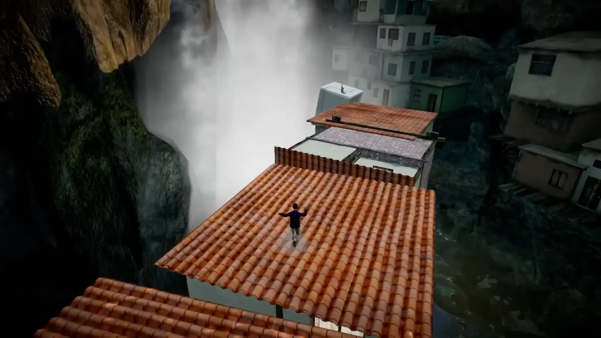 Quico looking out over a surreal, magical favela where houses are stacked impossibly high against a bright blue sky.