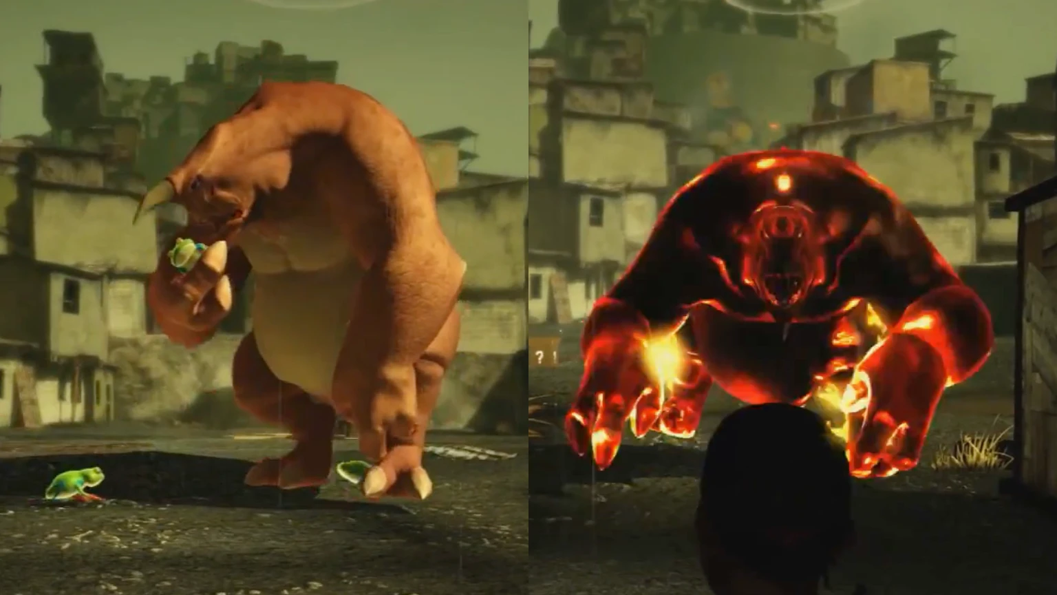 Monster engulfed in bright orange flames, his posture aggressive and terrifying as he hunts Quico through the narrow alleys.