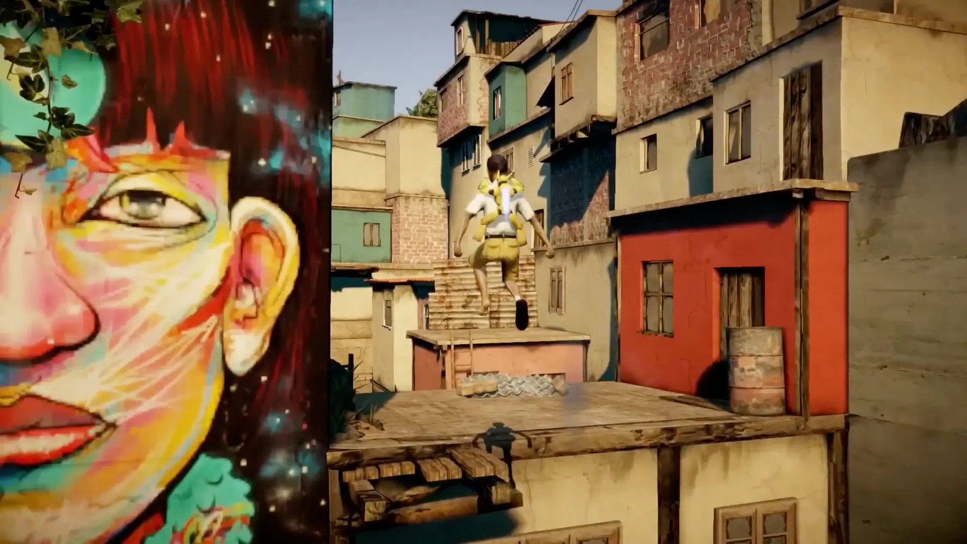 Quico using his toy robot, Lula, as a makeshift jetpack to glide across a massive gap between floating houses.