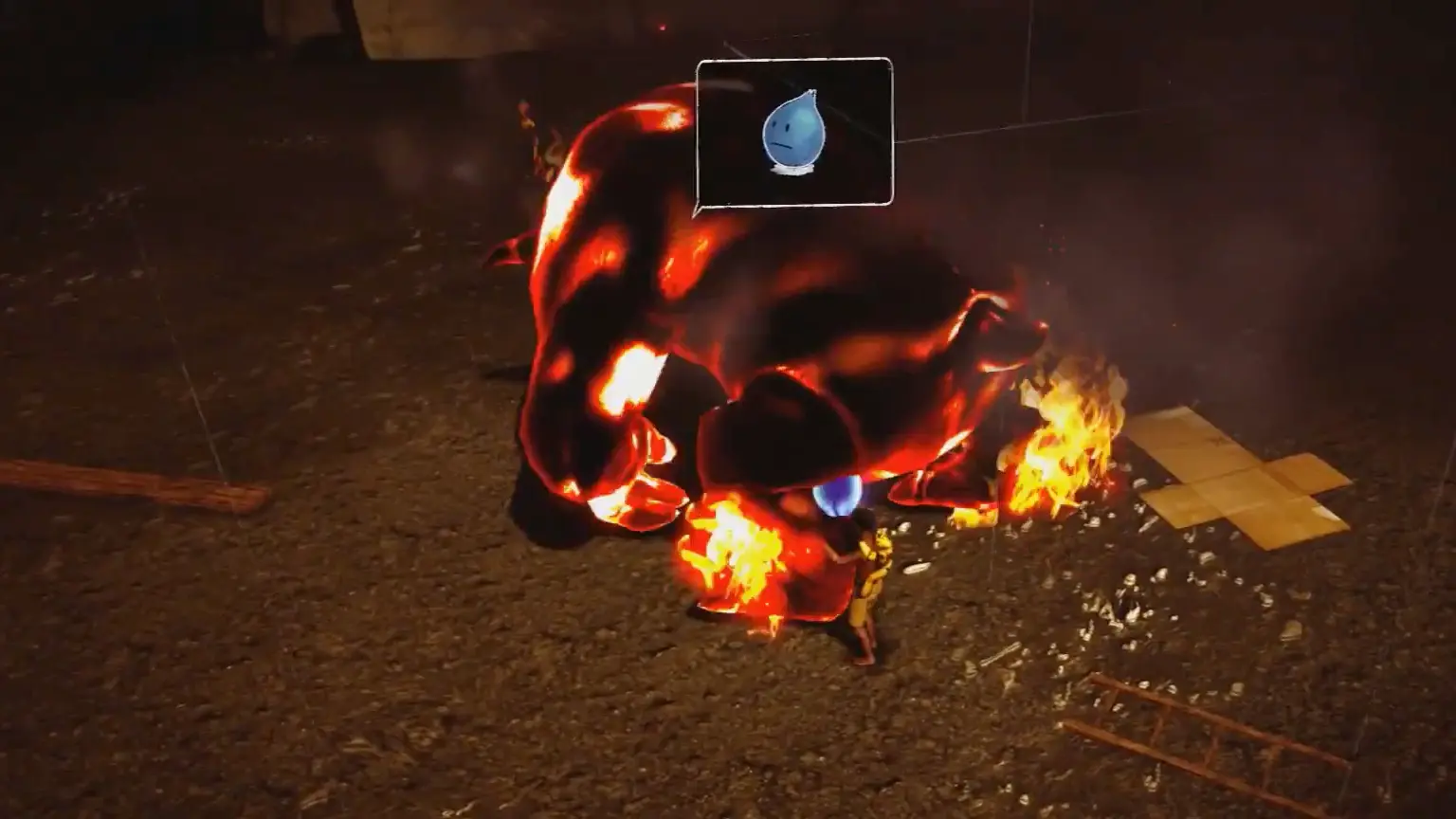 Quico desperately throwing a splattered, glowing rotten fruit at the flaming Monster to calm him down.
