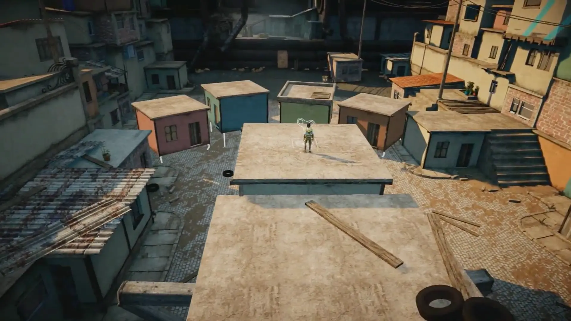 Several favela houses sprouted with mechanical legs, marching across the landscape in a surreal display of magical realism.