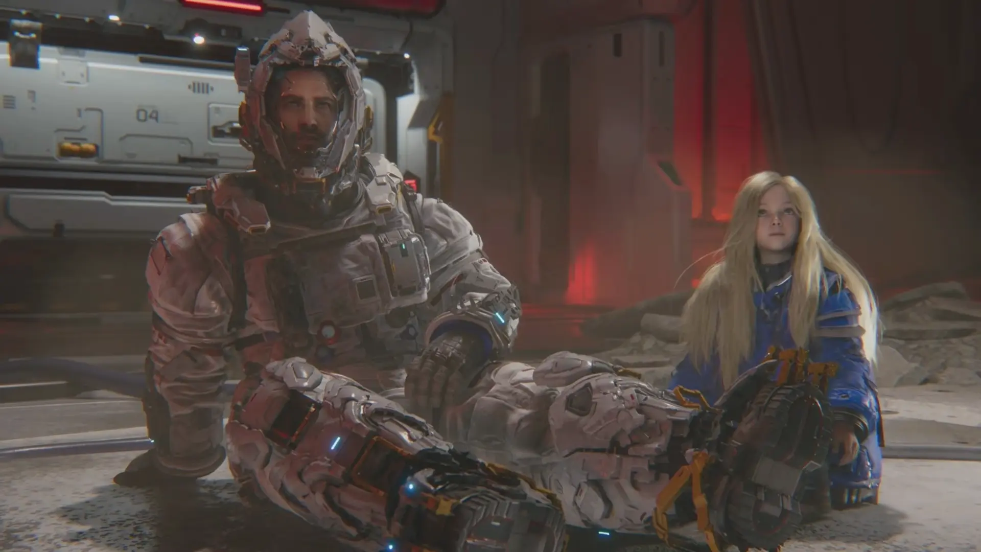 Diana, with her bright green eyes and blonde hair, kneeling beside the collapsed astronaut in a ruined, dimly lit lunar facility after healing him.