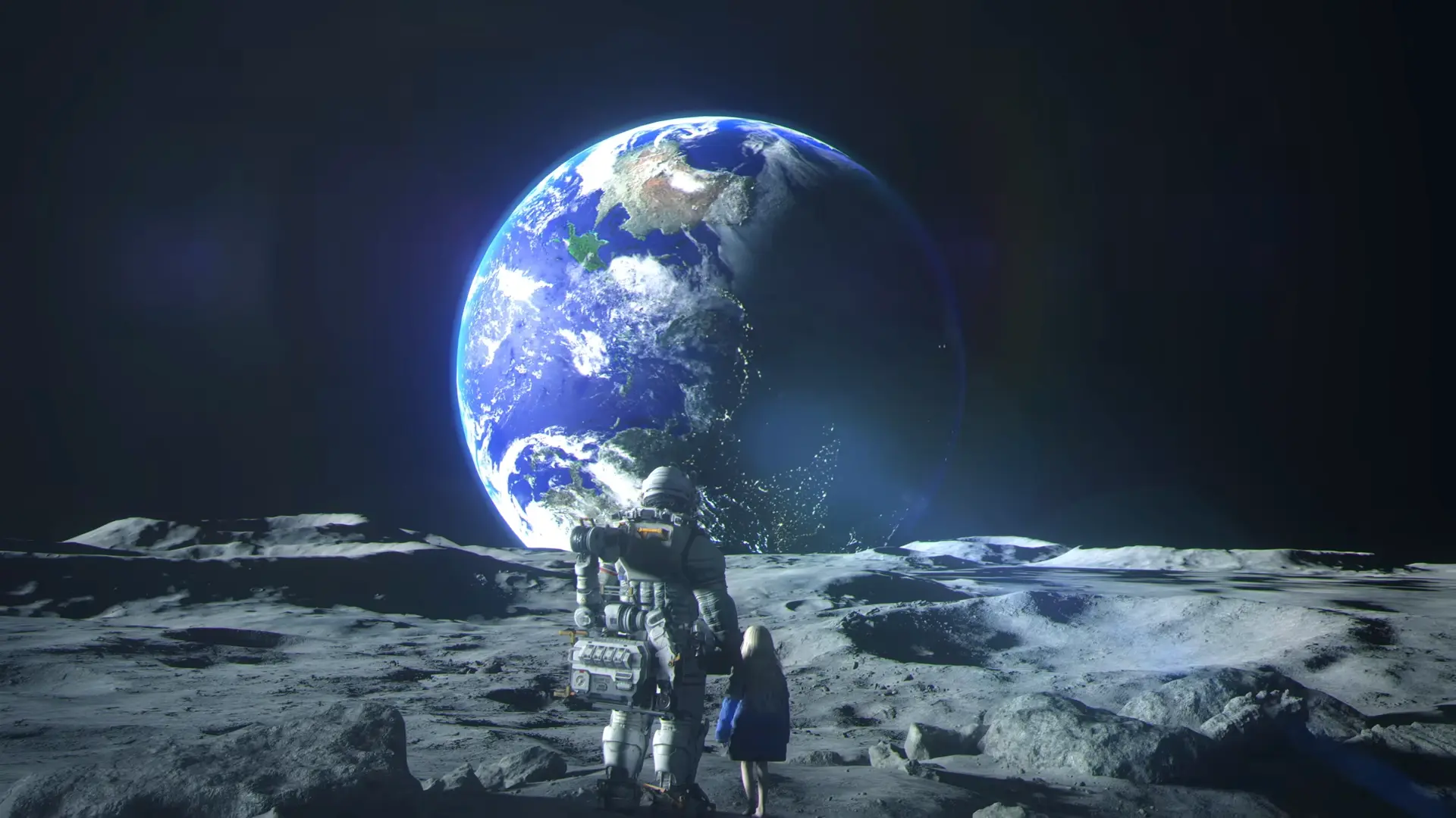 Diana and the astronaut sharing a quiet, triumphant moment looking out toward the horizon of the moon.