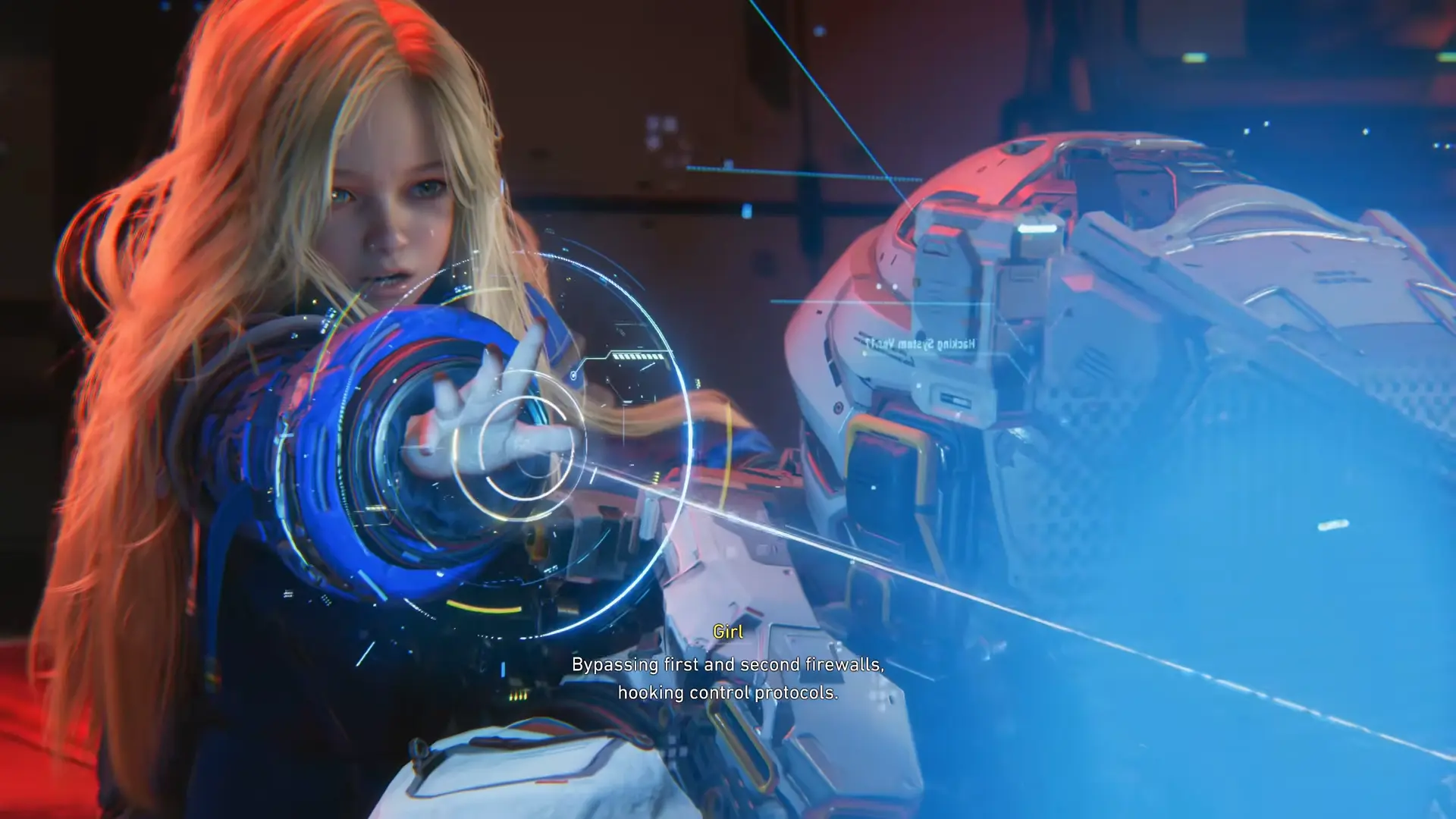 Diana projecting complex blue holographic rings and code from her hands to bypass a heavy security firewall.
