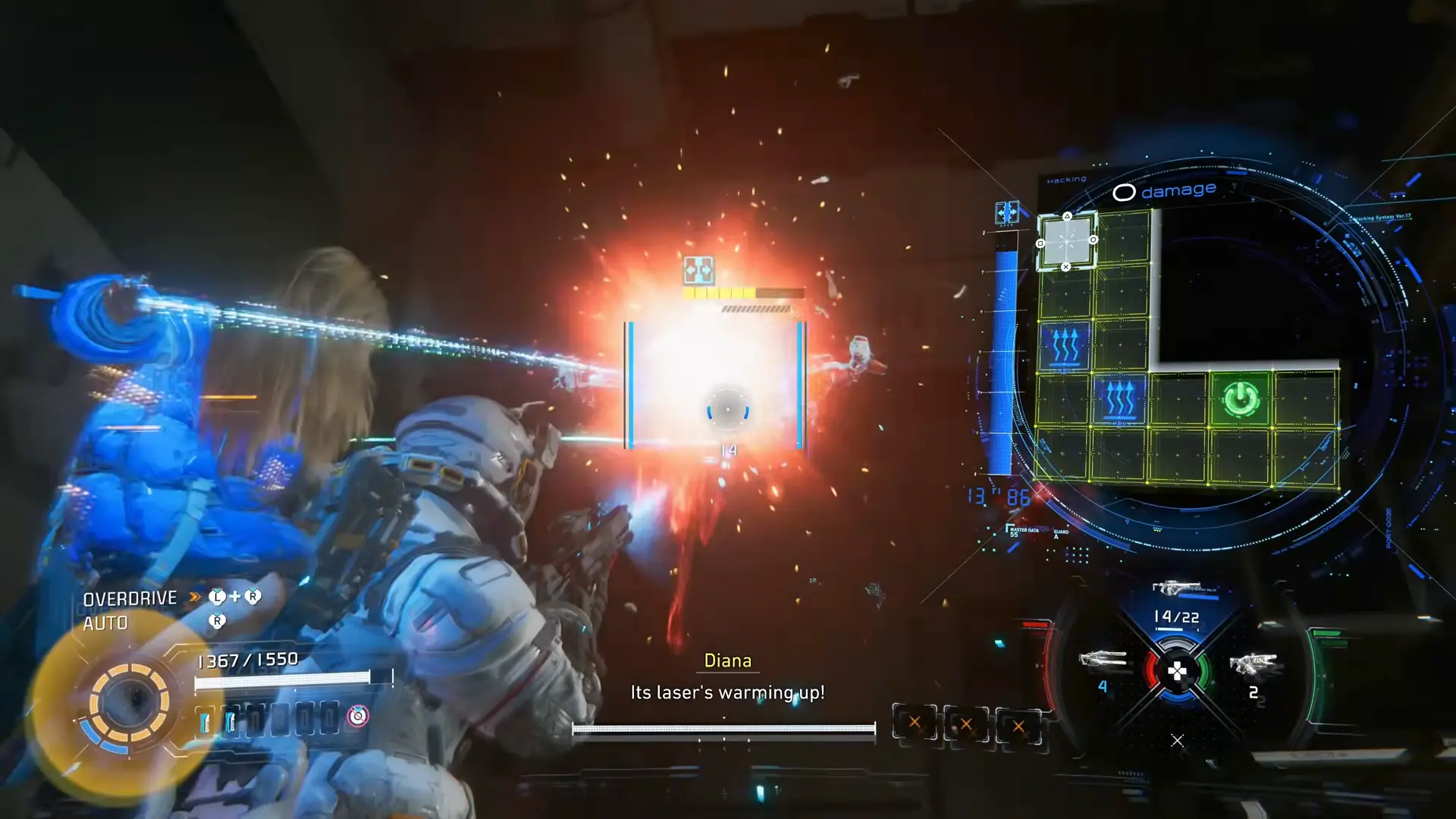 The astronaut firing an assault weapon at a robotic enemy while Diana clings securely to his back, the air around them filled with dynamic sparks and laser fire.