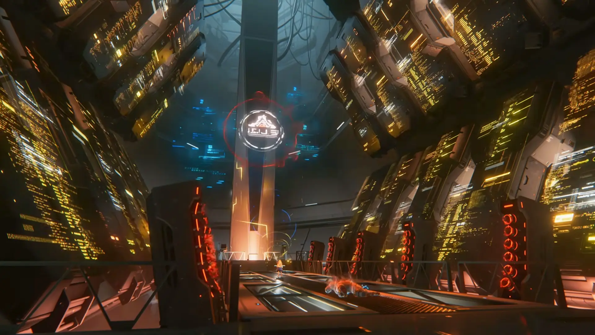 The astronaut and Diana facing off against a massive, floating robotic construct with a glowing red core inside a large orbital bay.