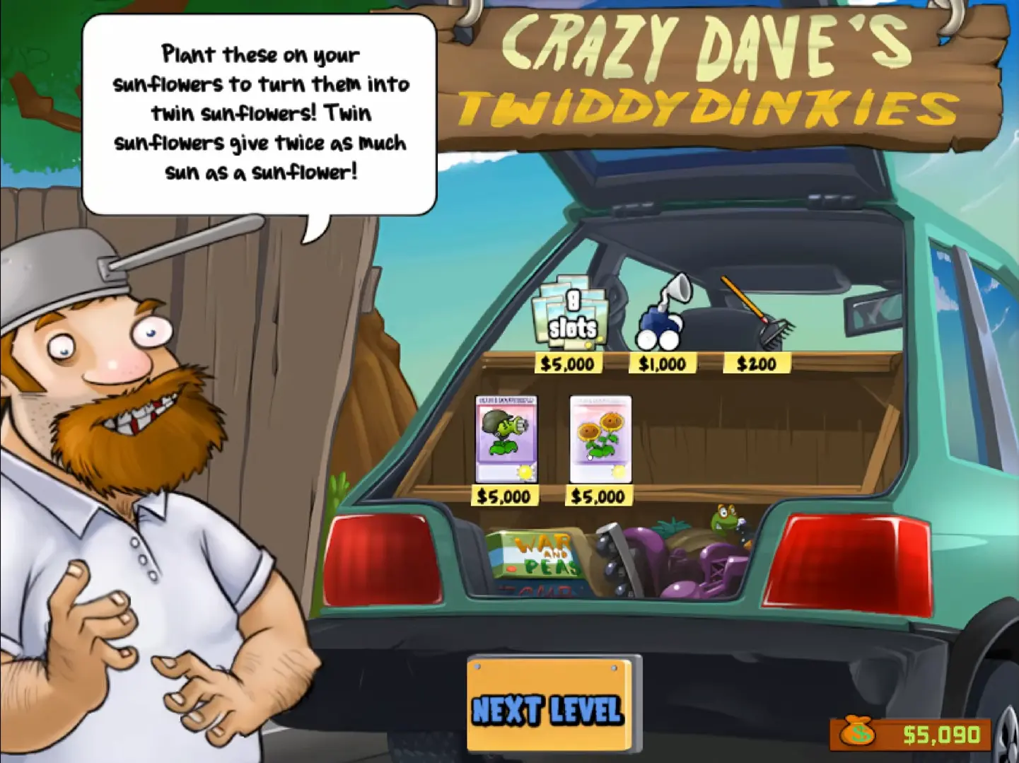 Crazy Dave showing the player the contents of his car trunk shop.