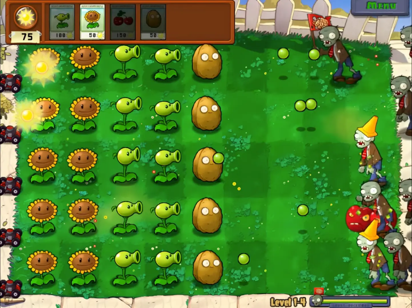 A classic view of the front lawn with Peashooters facing off against the first wave of zombies.