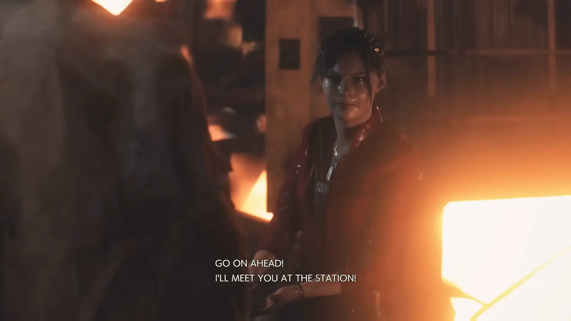 Claire Redfield staring down a burning Raccoon City street overrun by the undead.